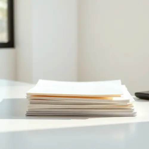 Stack of documents on a desk, representing general information or data.