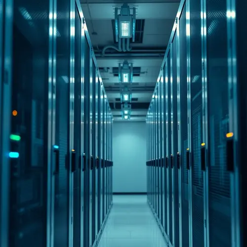 Detail of modern server racks with indicator lights in a data center, symbolizing digital infrastructure.