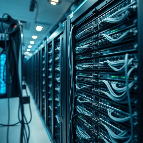 A detailed view of a server rack within a clean, modern data center, showcasing organized hardware and cabling.