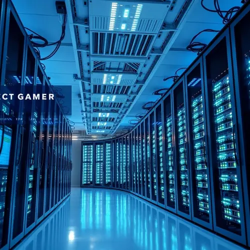 Rows of servers in a modern data center with blue lighting