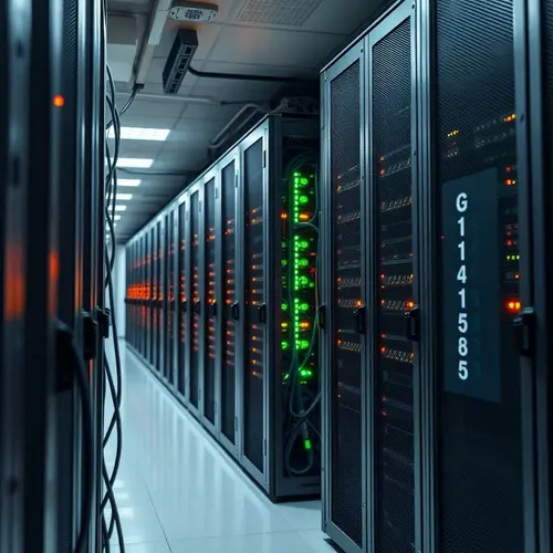 A clear image of a server rack with blinking lights and structured cabling in a modern data center.