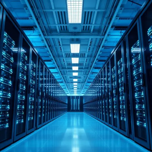Rows of server racks inside a modern data center, illustrating robust digital infrastructure.