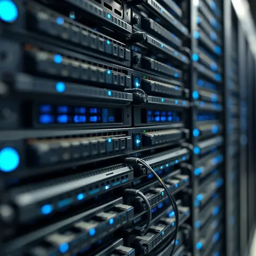 Close-up of server blades within a modern data center rack, showing hardware detail and blue indicator lights.