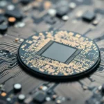 Close-up view of an advanced silicon wafer showing detailed microchip circuits and semiconductor components.