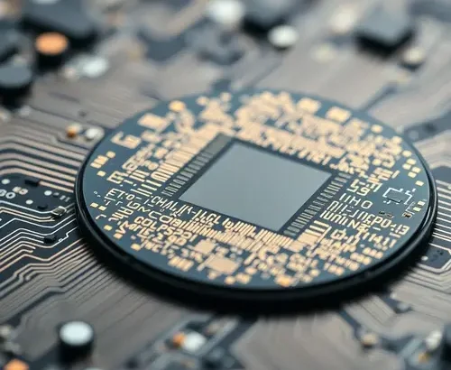 Close-up view of an advanced silicon wafer showing detailed microchip circuits and semiconductor components.