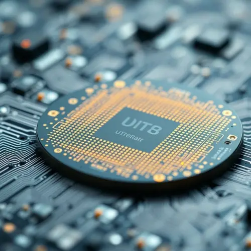 Close-up view of a silicon semiconductor wafer showing intricate integrated circuit patterns in a cleanroom environment.