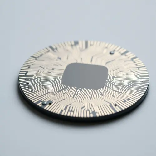 Close-up image of a polished silicon wafer with visible microchip circuitry.