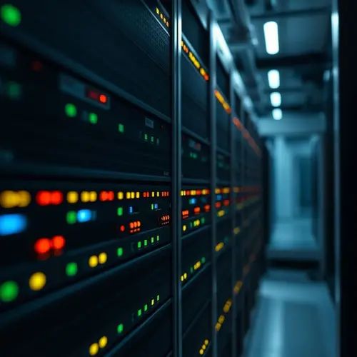 A close-up view of a server rack with many subtle glowing lights in a modern data center setting.