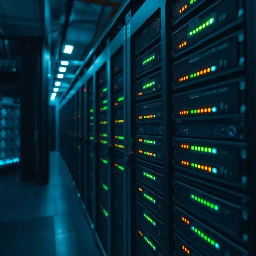 A close-up view of a modern server rack with glowing status lights inside a large data center.