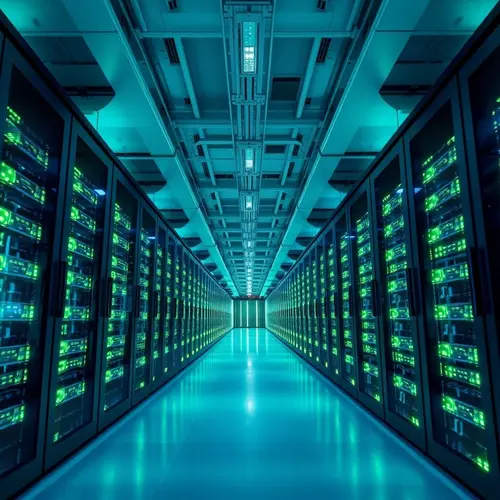 Image of the interior of a large data center with numerous server racks.
