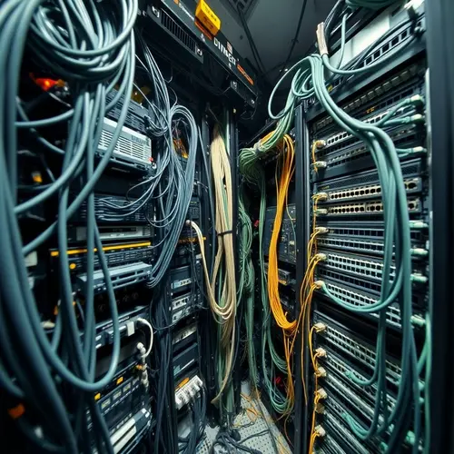 Interconnected hardware components and cabling in a data center, symbolizing core infrastructure for AI automation.