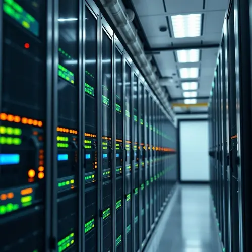 Rows of server racks and blinking lights in a modern data center.