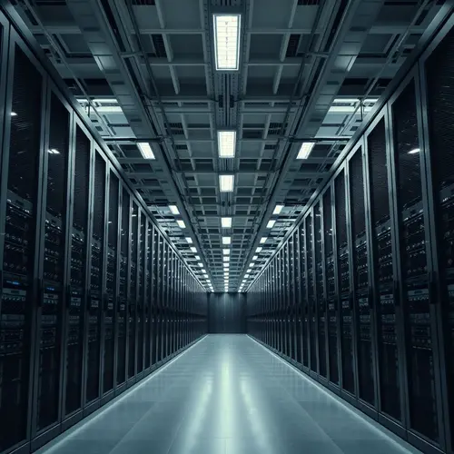 Interior view of a modern data center with server racks, representing AI and cloud computing infrastructure.