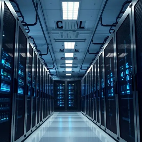 Rows of server racks with blue lights in a modern data center aisle.
