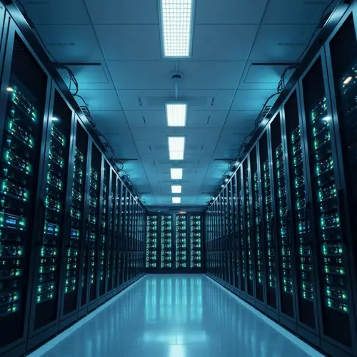 Rows of servers in a modern data center server room, illuminated by cool LED lighting, depicting computing infrastructure.