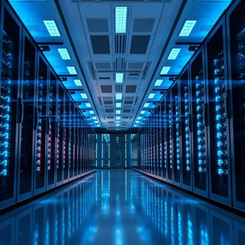 Rows of server racks illuminated with cool blue light inside a modern data center.