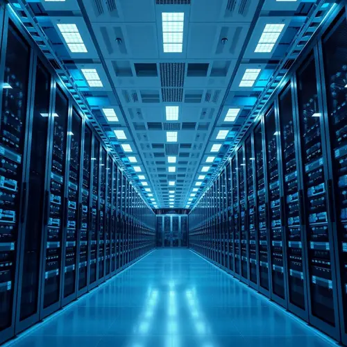 Rows of server racks in a modern data center, representing advanced computing and AI infrastructure.