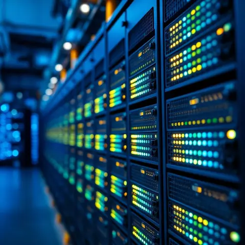 Server racks with glowing lights in a cool-lit data center, representing modern technology infrastructure.