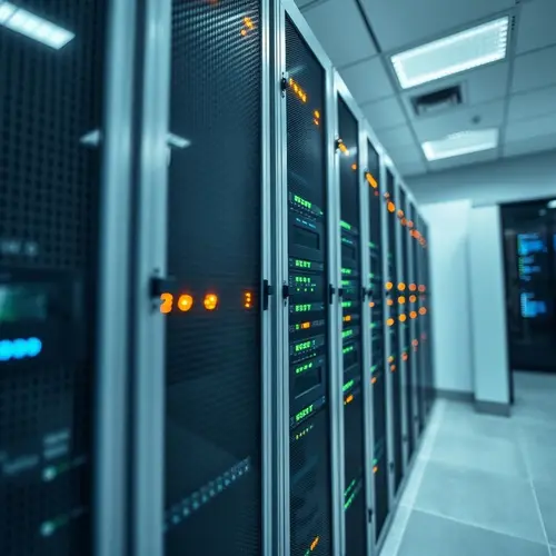 A close-up view of a modern server rack inside a data center, showing blinking indicator lights and network cables.