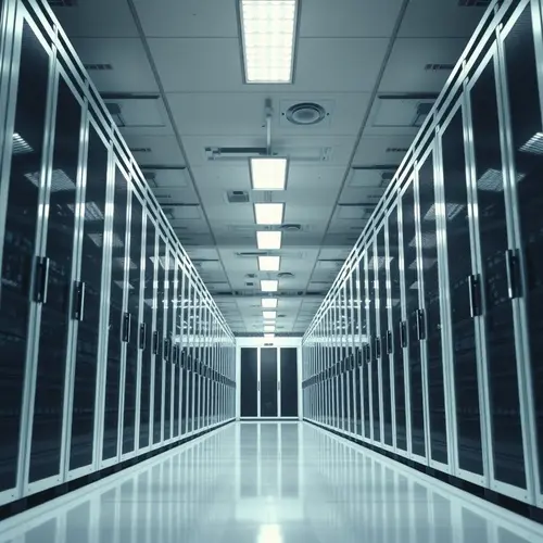 A pristine data center aisle showcasing multiple server racks, symbolizing robust technological infrastructure.