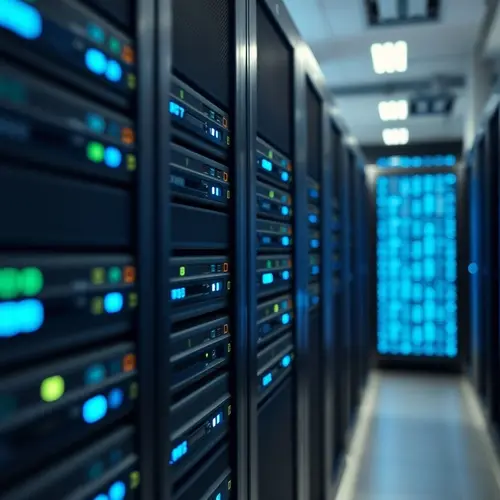 A detailed view of server racks within a modern data center, showcasing technology infrastructure.