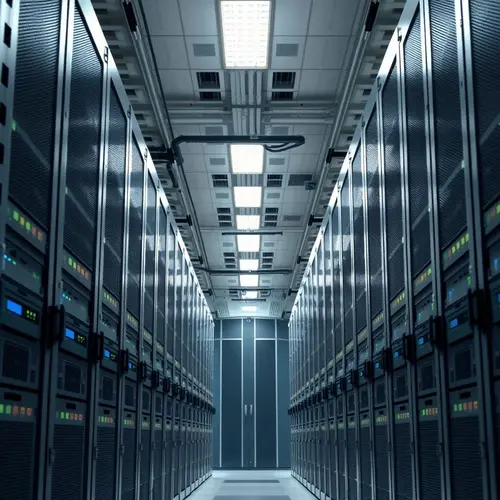A photograph showing long rows of server racks filled with blinking lights in a modern data center.