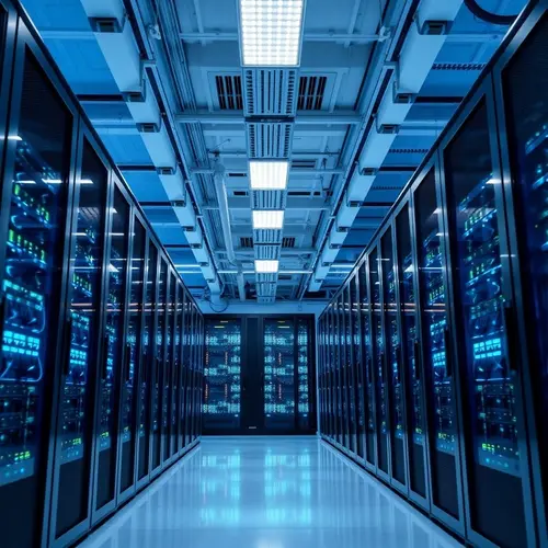 Interior of a modern data center showing server racks