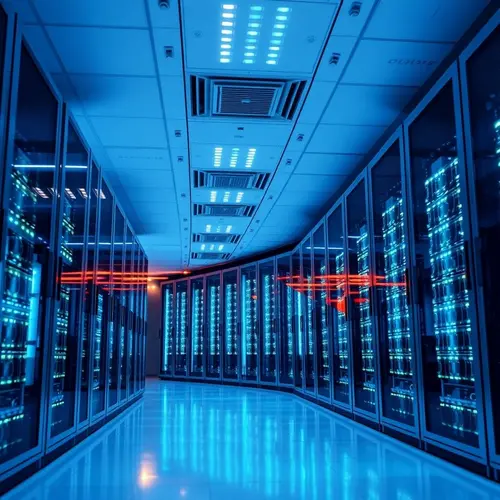 Rows of server racks inside a brightly lit, modern data center, illustrating technological infrastructure.