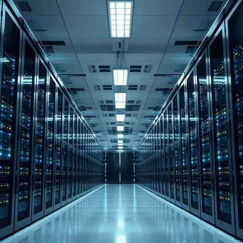 Rows of server racks with blinking lights in a modern data center aisle.
