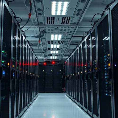 Rows of modern server racks in a well-organized data center with blinking lights, representing global data infrastructure.