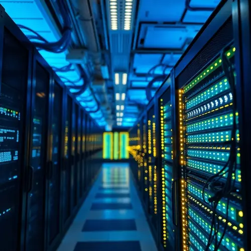 Interior of a large data center with rows of server racks and network cables, illuminated by blue light.
