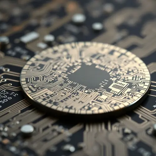 Close-up photograph of a semiconductor wafer with detailed micro-circuitry.