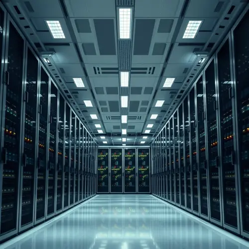 A clean, modern data center with rows of server racks and subtle indicator lights, representing computing infrastructure.