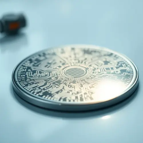 Macro photograph of a silicon wafer with intricate circuitry, symbolizing microelectronics and computing.