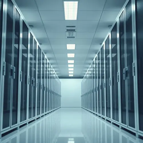 A detailed view of server racks in a modern data center, emphasizing clean lines and technology infrastructure.