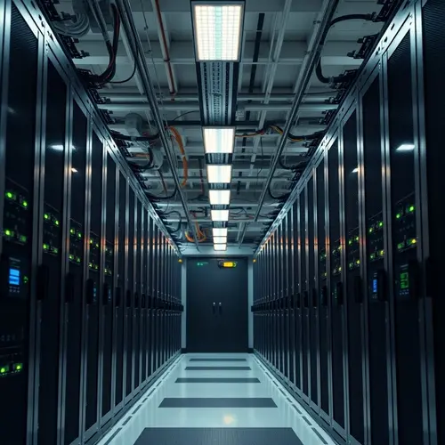 A modern data center with rows of black server racks and blinking lights, representing digital infrastructure.