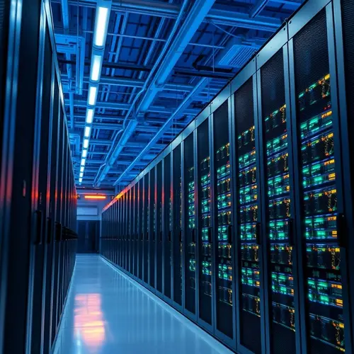 Rows of modern server racks in a clean, industrial data center environment.