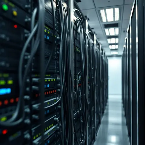 A close-up view of multiple rows of server racks with blinking lights in a modern data center.