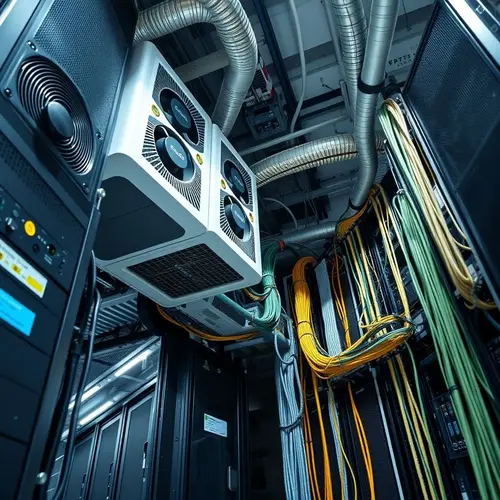 Section of an industrial server farm with cooling systems, representing high-performance computing infrastructure.