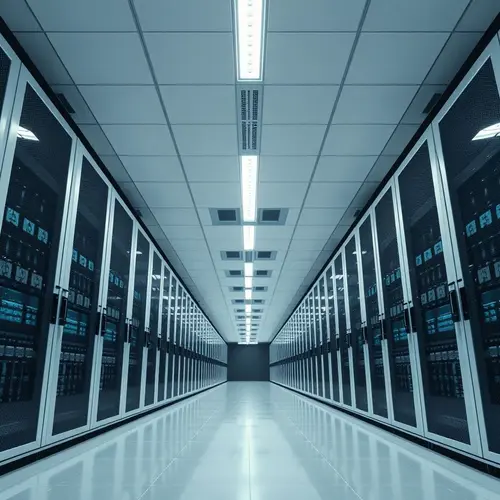 A wide-angle photograph of a modern data center with rows of black server racks under cool lighting.