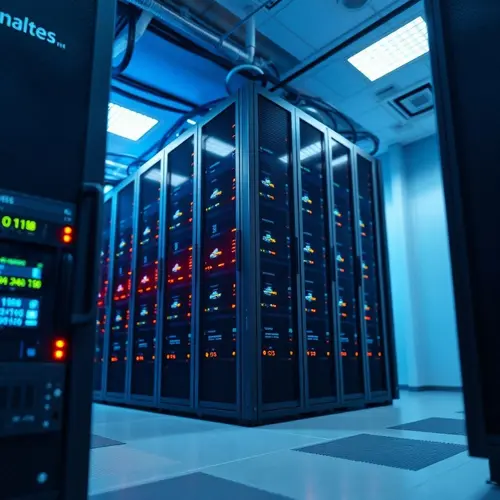 Server racks with blinking lights in a modern data center, representing digital infrastructure.