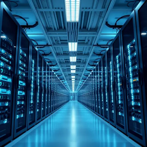 Rows of brightly lit server racks inside a large, modern data center, representing scalable computing infrastructure.