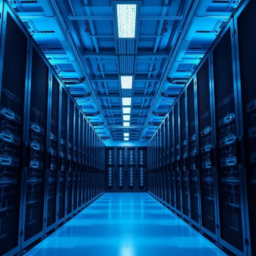 Image showing rows of server racks inside a data center with cool blue lighting.