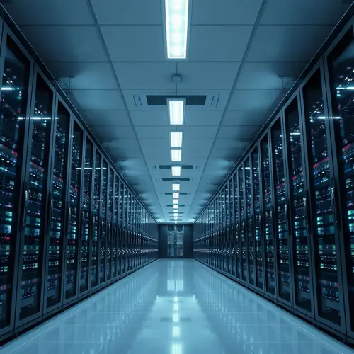 Rows of modern server racks with blinking lights in a clean, brightly lit data center.