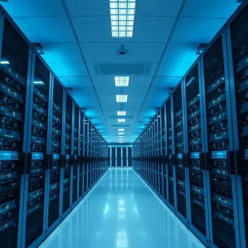 Long rows of server racks filling a large modern data center