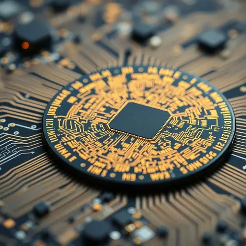 A close-up view of a silicon wafer showing complex integrated circuits.