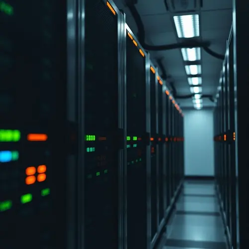 A close-up view of modern server racks with blinking indicator lights in a secure, industrial data center environment.