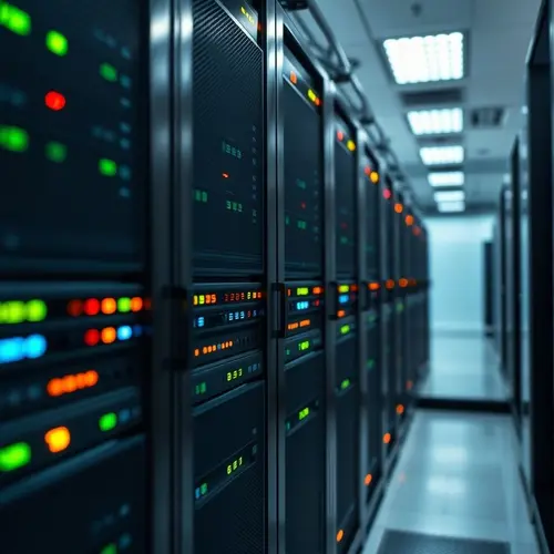 Close-up of server racks with blinking indicator lights inside a data center, illustrating modern data infrastructure.