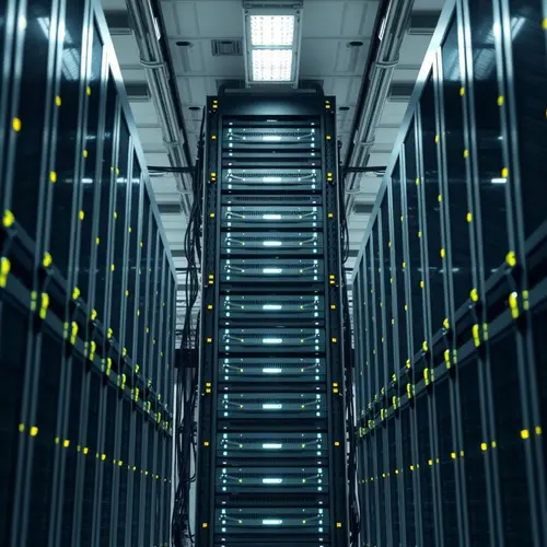 Inside a modern data center with multiple rows of tall server racks showing operational lights.