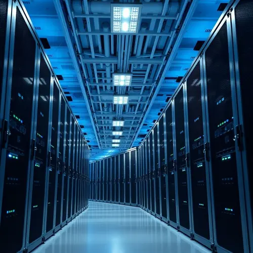 Rows of server racks in a modern data center with cool lighting.